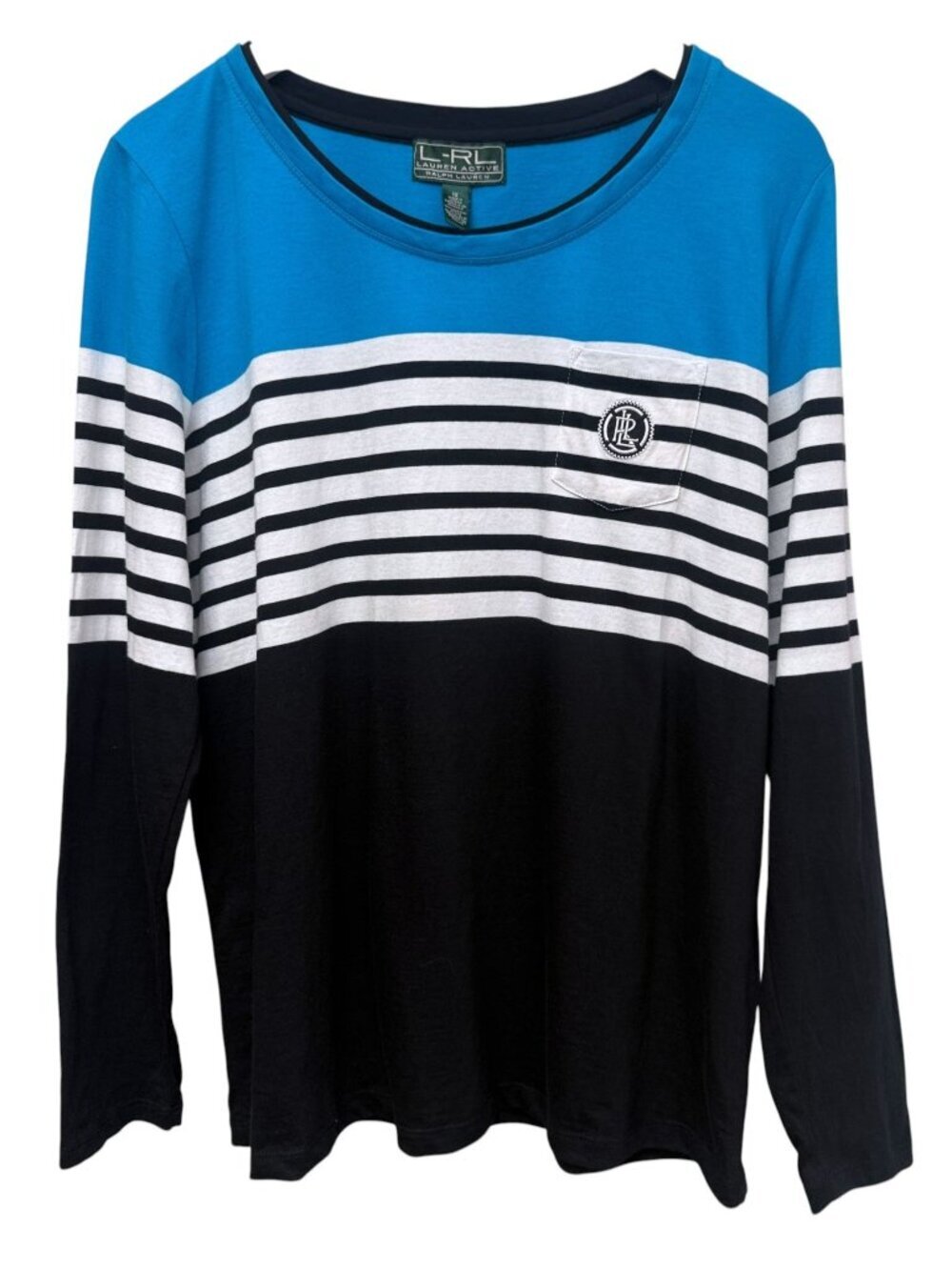 LAUREN RALPH LAUREN Stripe Top Plus Size 1X Blue Long Sleeve Tee Preppy Logo Poc